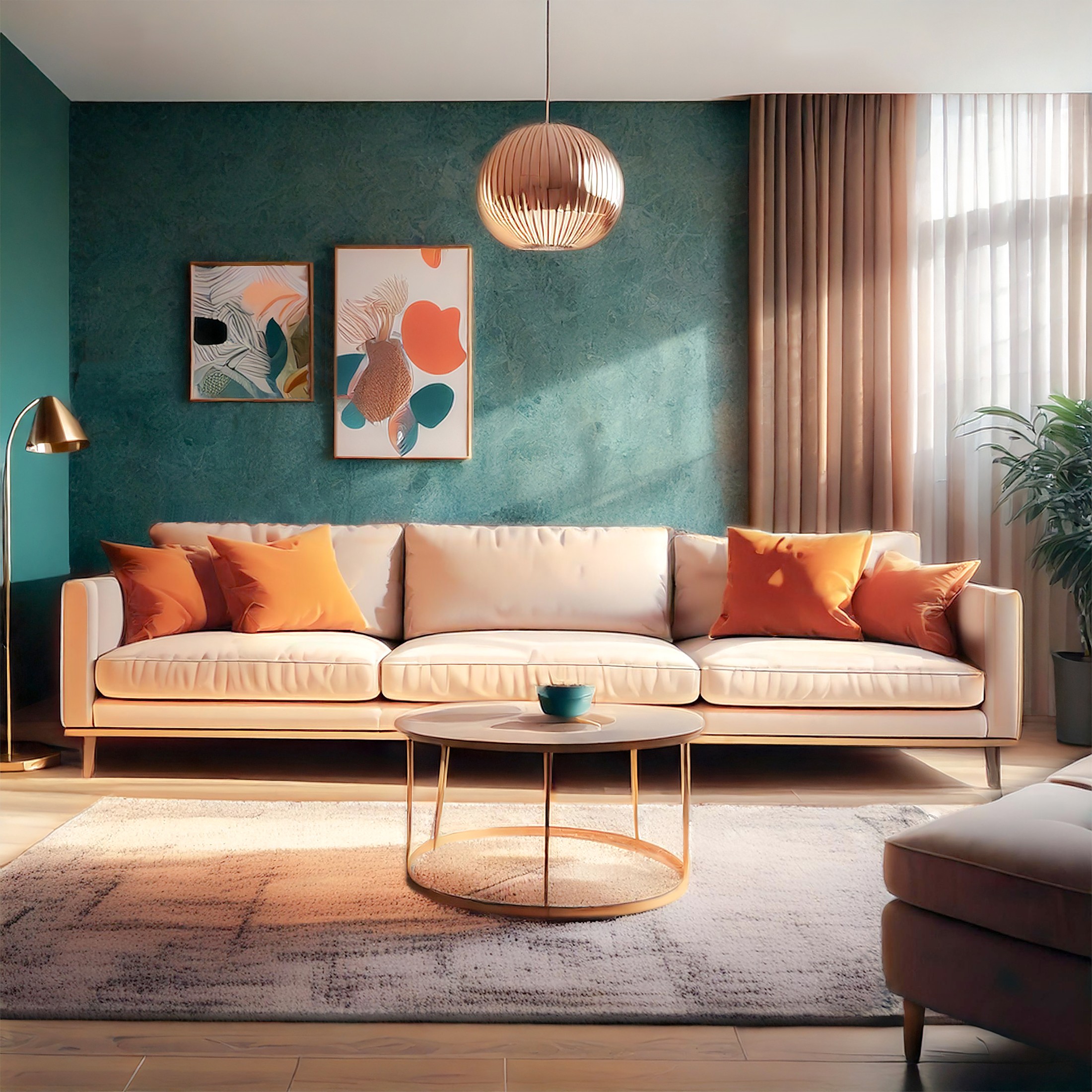 Living room interior, teal wall and gold accents