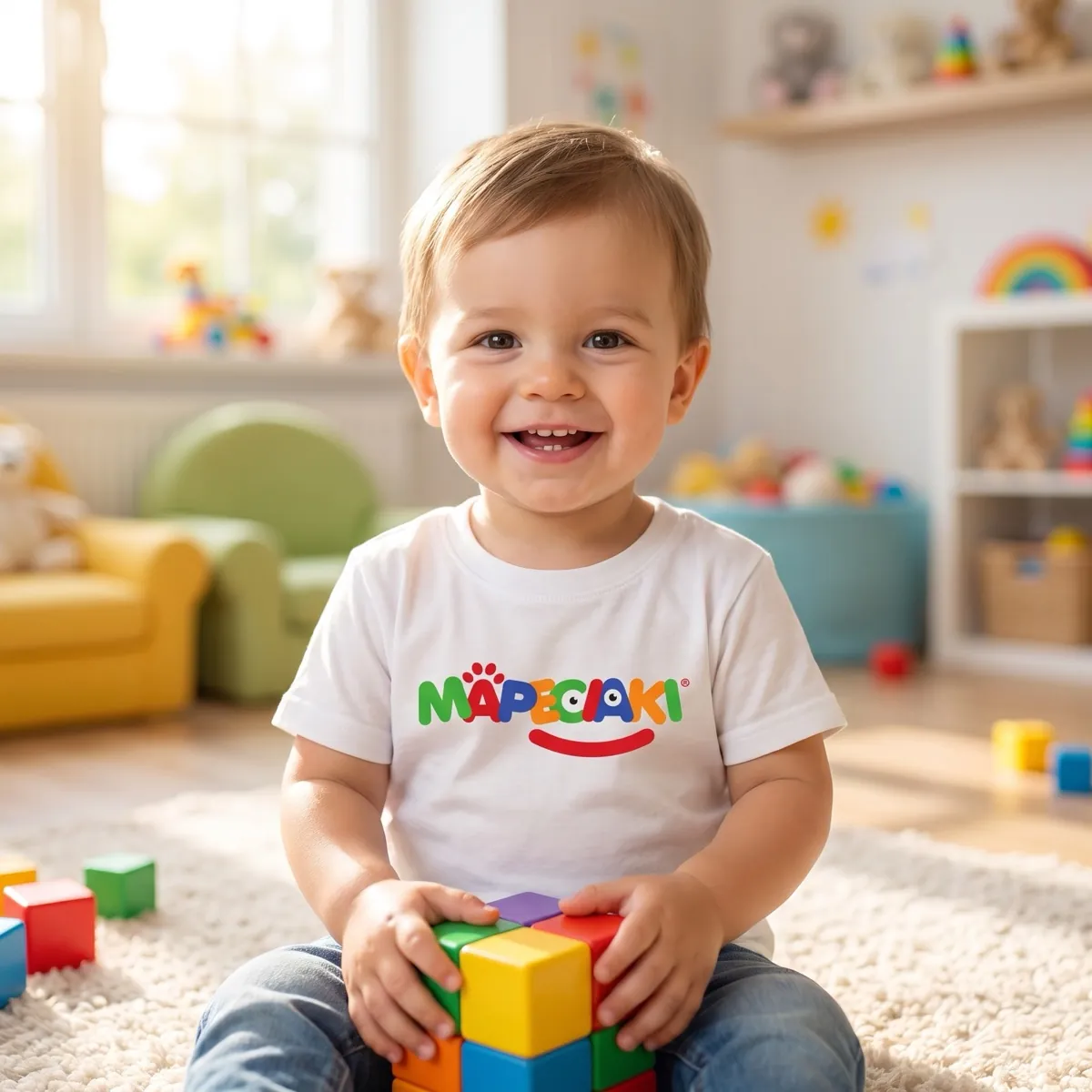 Uśmiechnięty maluch w koszulce Mapeciaki bawiący się klockami w sali żłobka