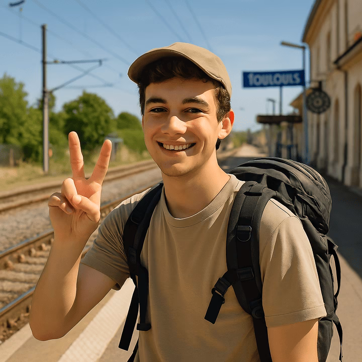 International student at a French train station, making the most of his WHV visa.