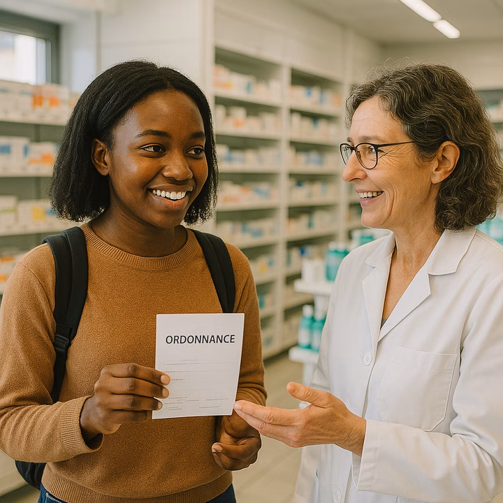 A young international student hands a medical prescription ("ordonnance") to a pharmacist at a French pharmacy.