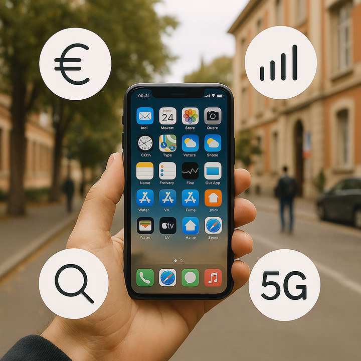 A person holds a smartphone displaying highlighted icons for price, network, and 5G.