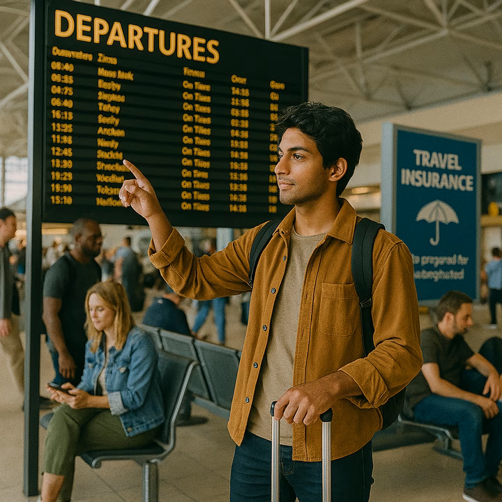 A student gets ready to board at an airport, passing by a sign promoting travel insurance.