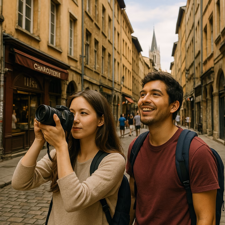 Two international students explore the cobbled streets of Old Lyon, snapping pictures along the way.
