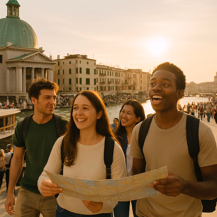 International students enjoy a trip to Venice during their French holiday break.