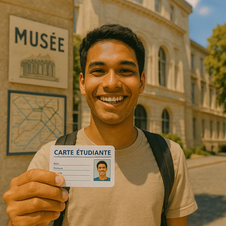 An international student shows their French student card outside a museum, ready to enjoy a student discount.