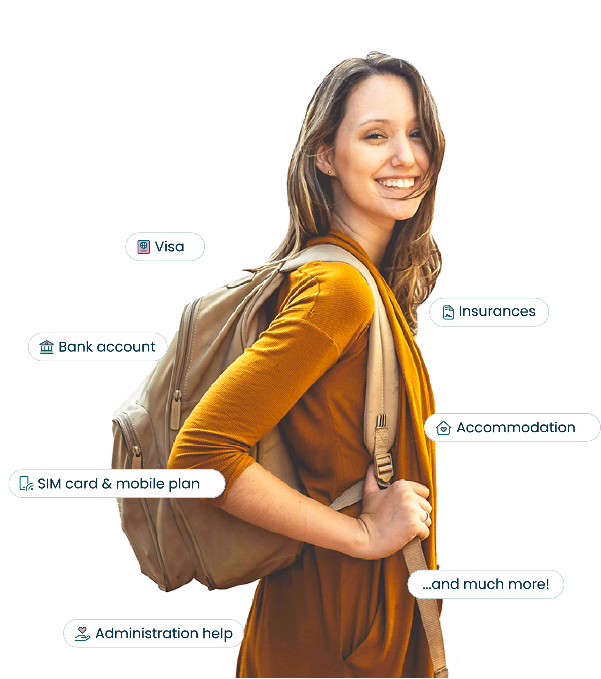 Young international student surrounded by helpful tooltips highlighting key topics for studying in France, such as visa, accommodation, and health insurance.