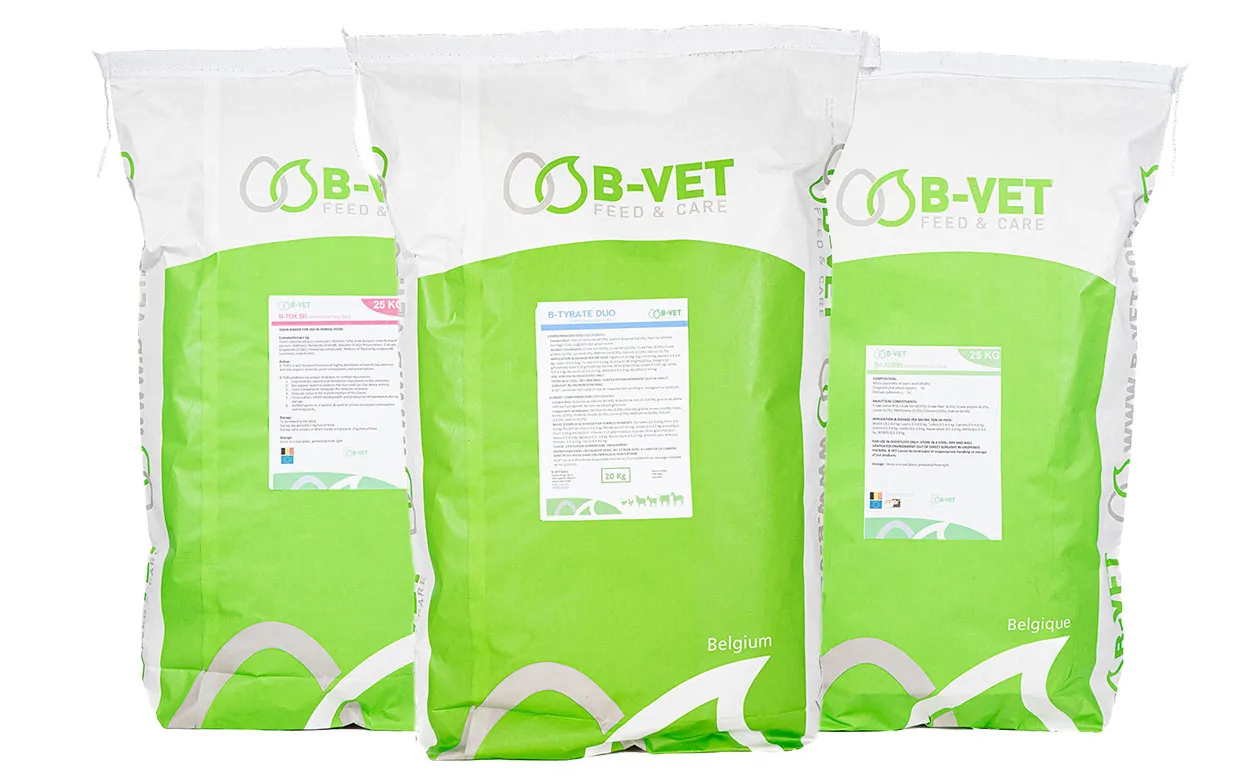 A collection of Feed Additives bags from B-VET
