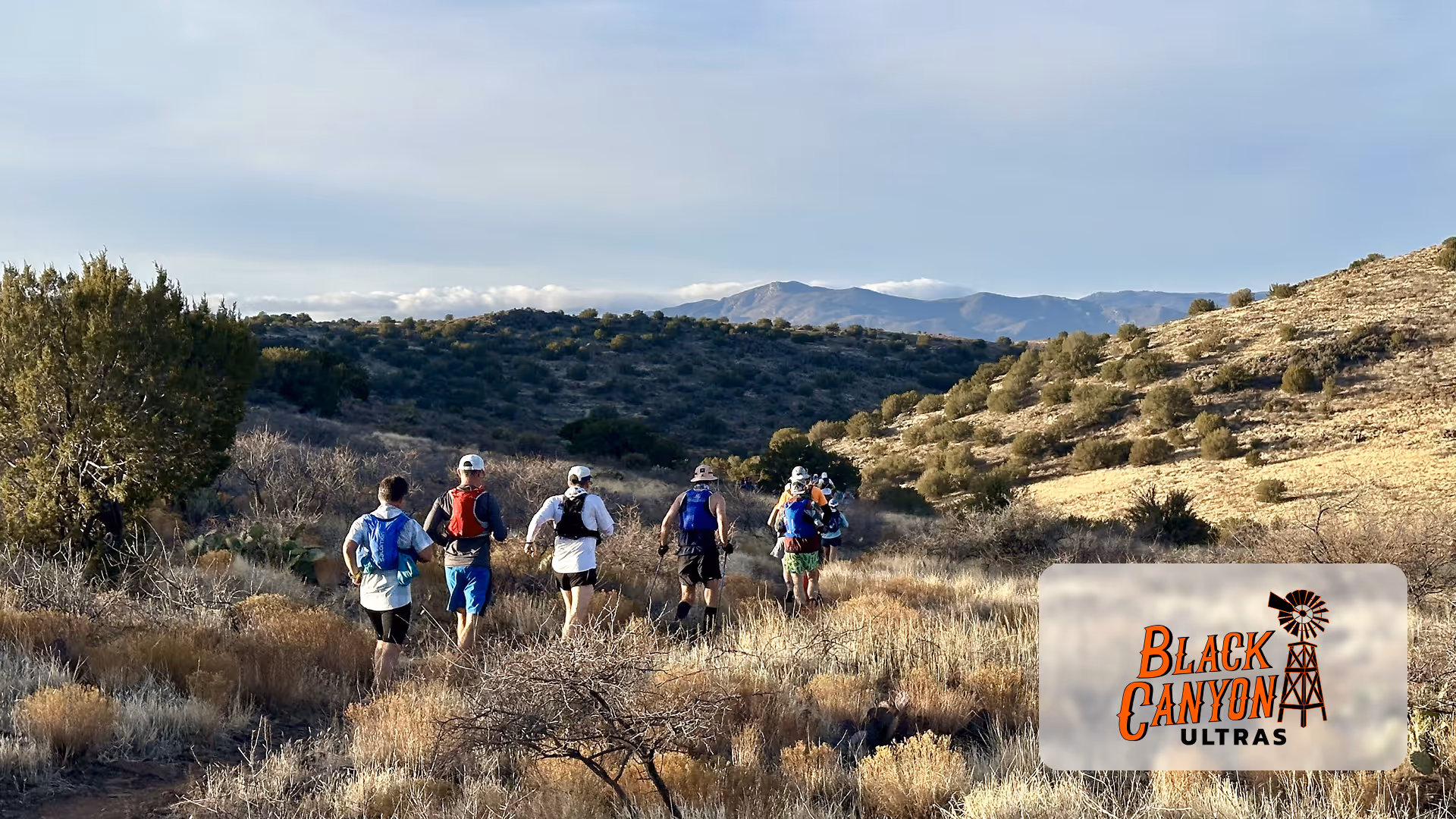 Group of runners hiking on a trail through dry brush with mountains in the distance.