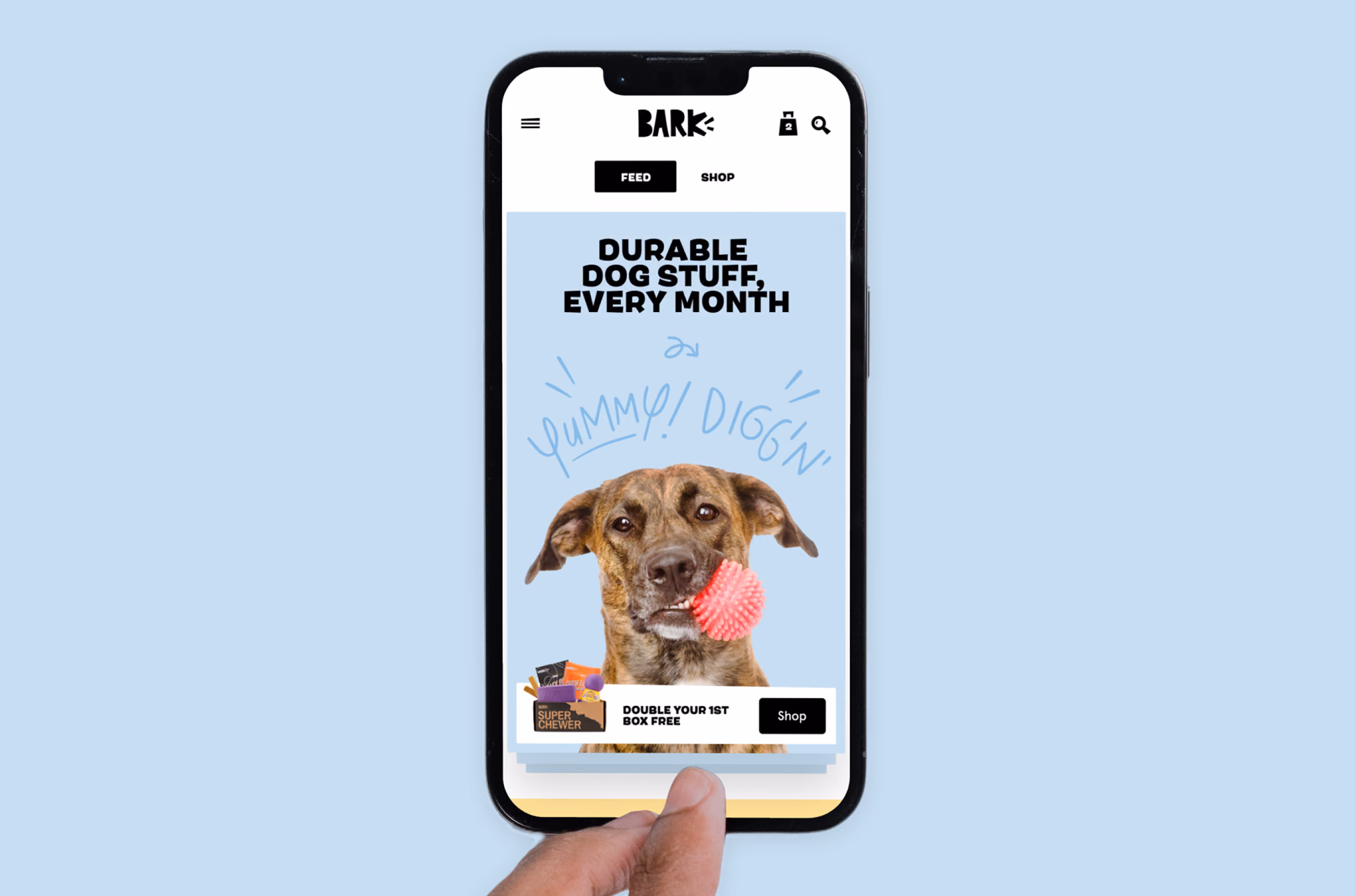 Smartphone screen shows Bark website with a dog holding a pink chew toy in its mouth.