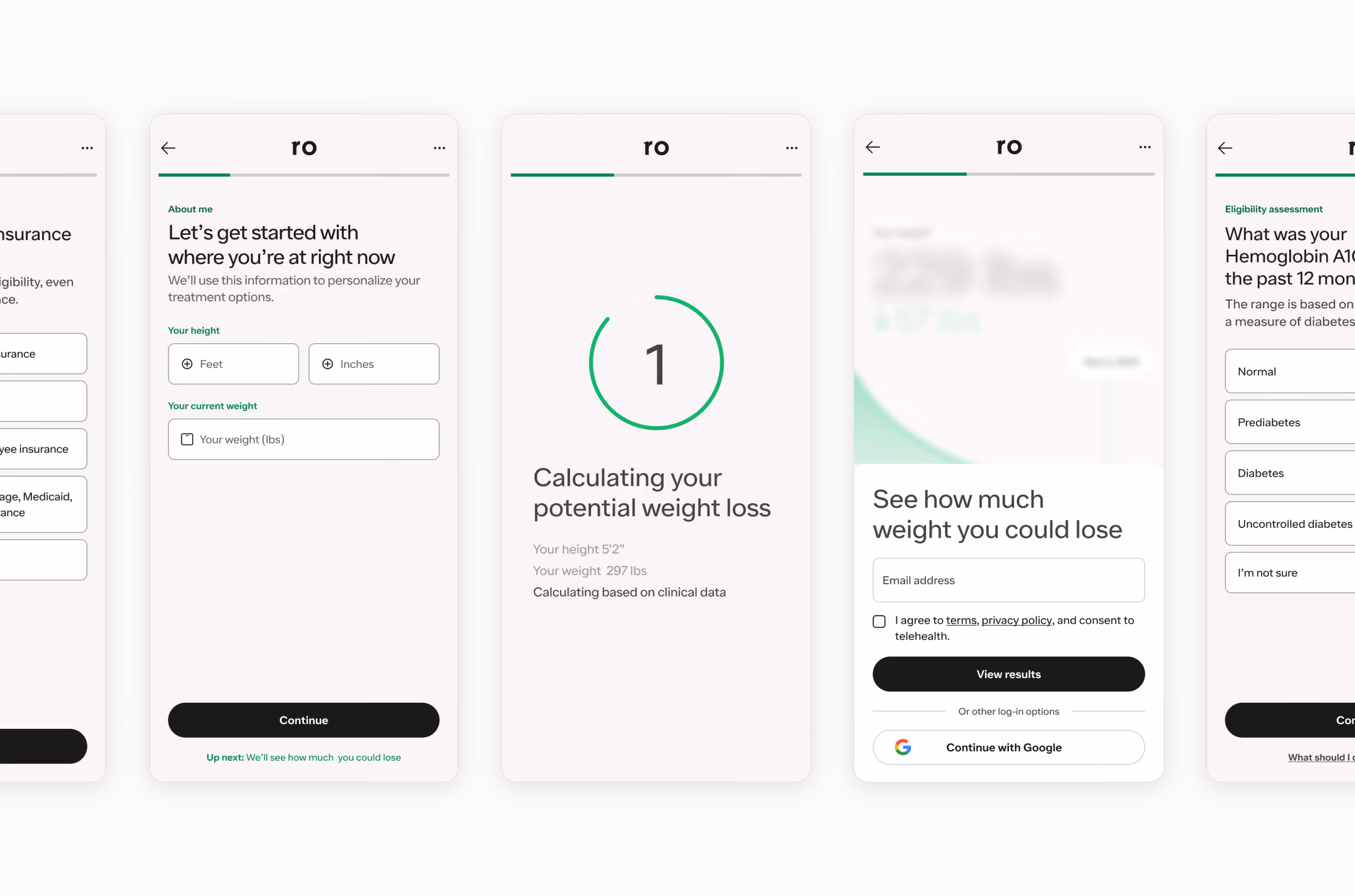 Series of app screens showing weight, height input, weight loss calculation, and eligibility questions.