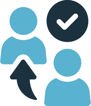 Icon depicting two user figures with an arrow pointing upwards from one to the other and a checkmark above, representing user approval or promotion.