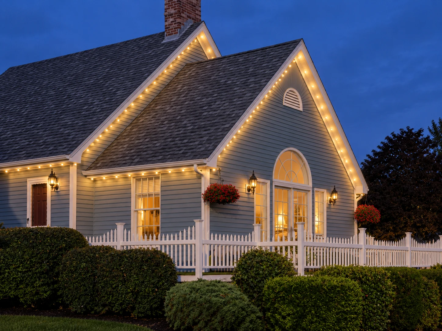 A picture of a house with christmas lights