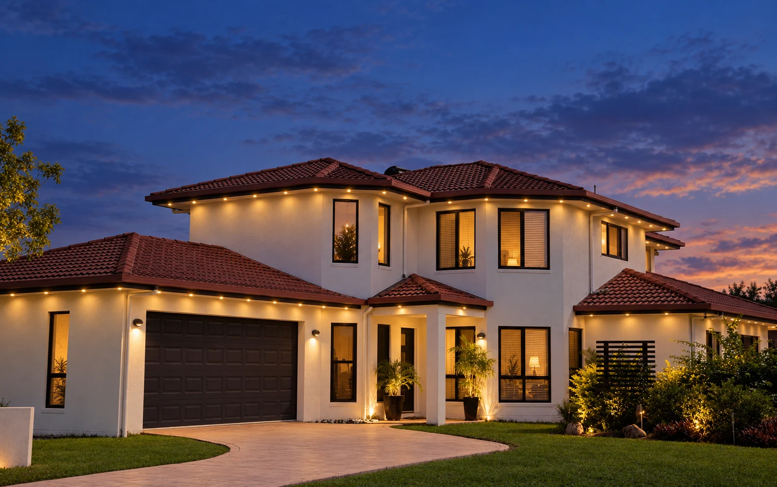 A picture of a house with christmas lights