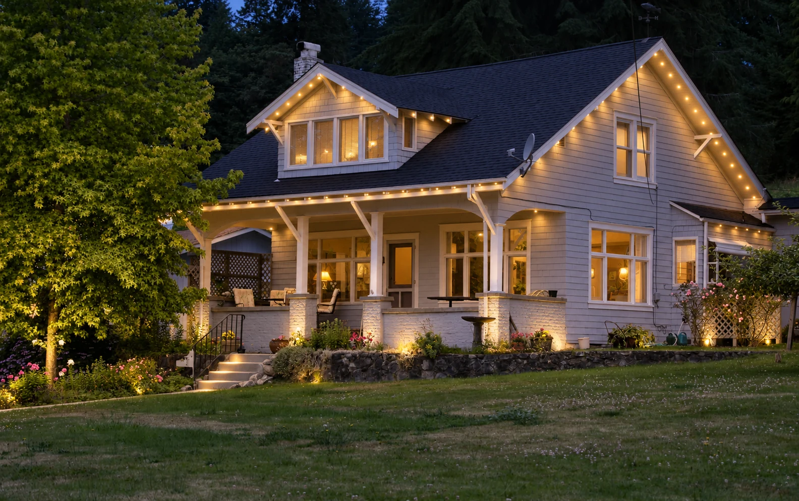 A picture of a house with christmas lights