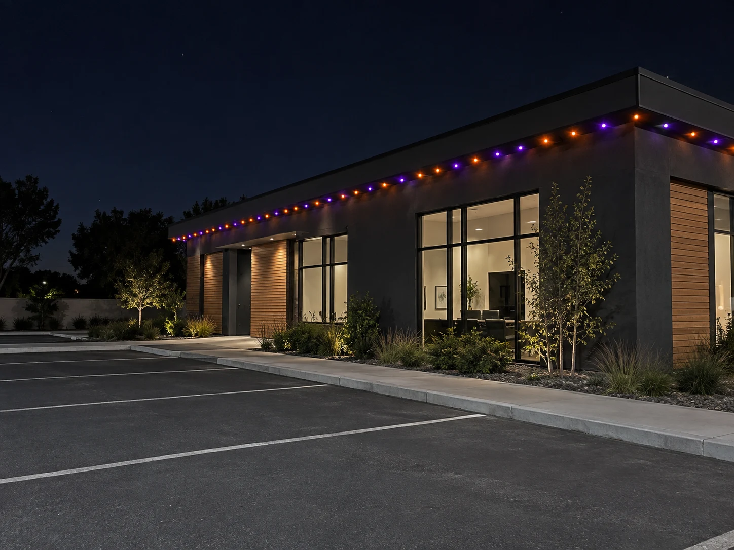 A picture of a commercial space with holiday lighting
