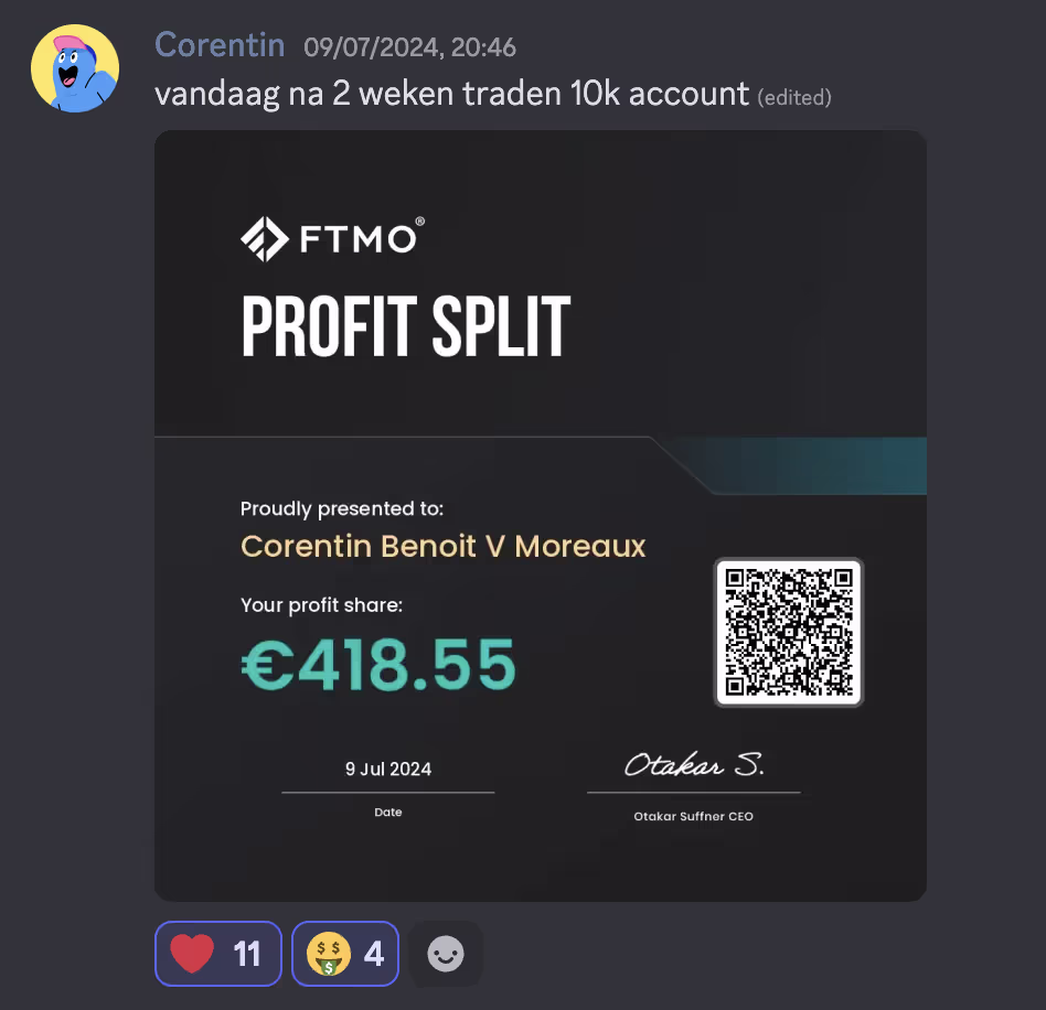 FTMO profit split certificate awarded to Corentin Benoit V Moreaux showing a profit share of €418.55 dated 9 Jul 2024, signed by CEO Otakar S.