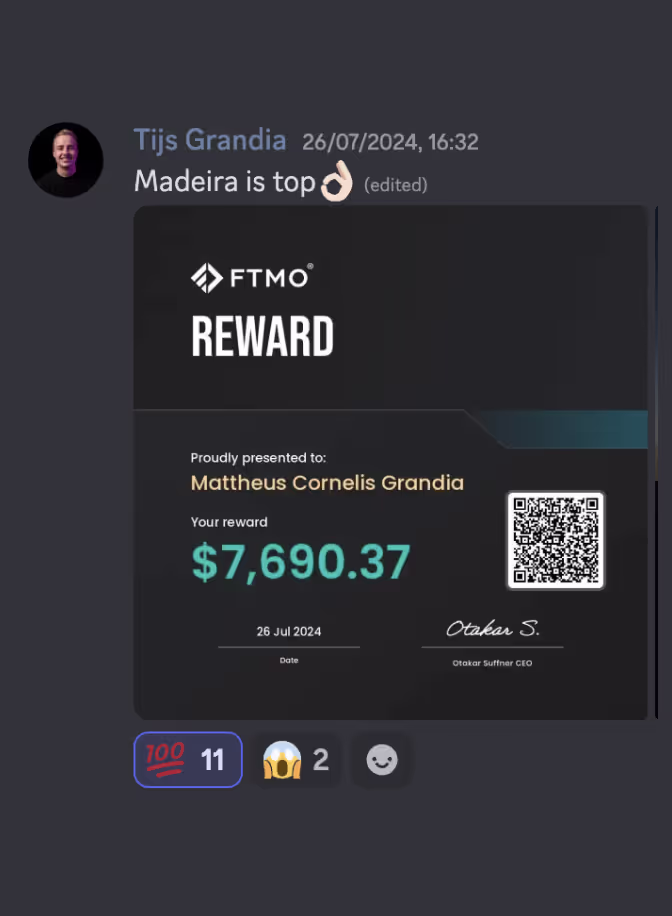 Discord message from Tijs Grandia stating 'Madeira is top' with an image of an FTMO reward certificate awarded to Mattheus Cornelis Grandia for $7,690.37 dated 26 Jul 2024, signed by Otakar Suffner CEO.