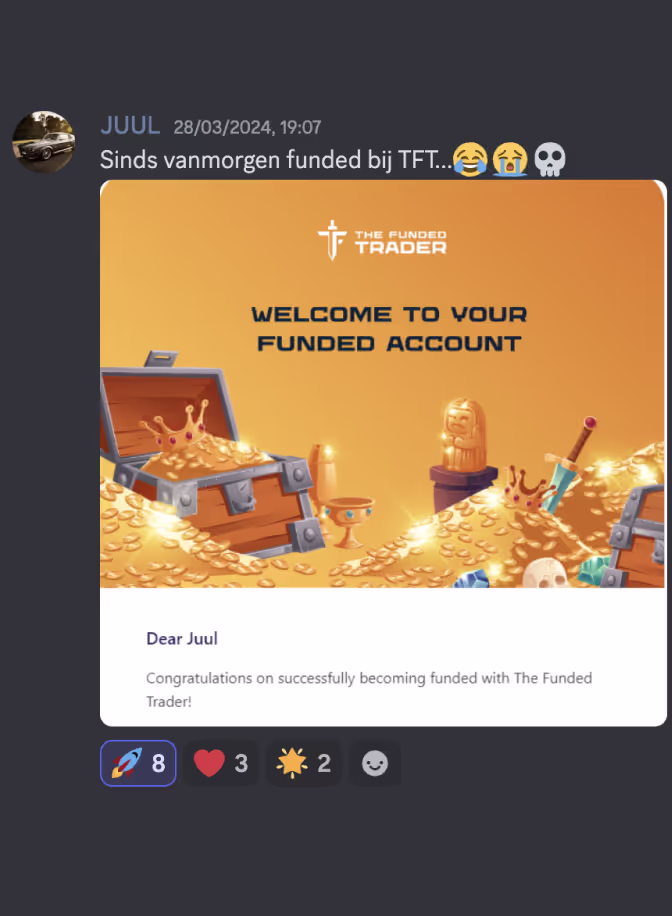 Screenshot of a congratulatory message showing a treasure chest overflowing with gold coins and a note welcoming Juul to their funded account with The Funded Trader.