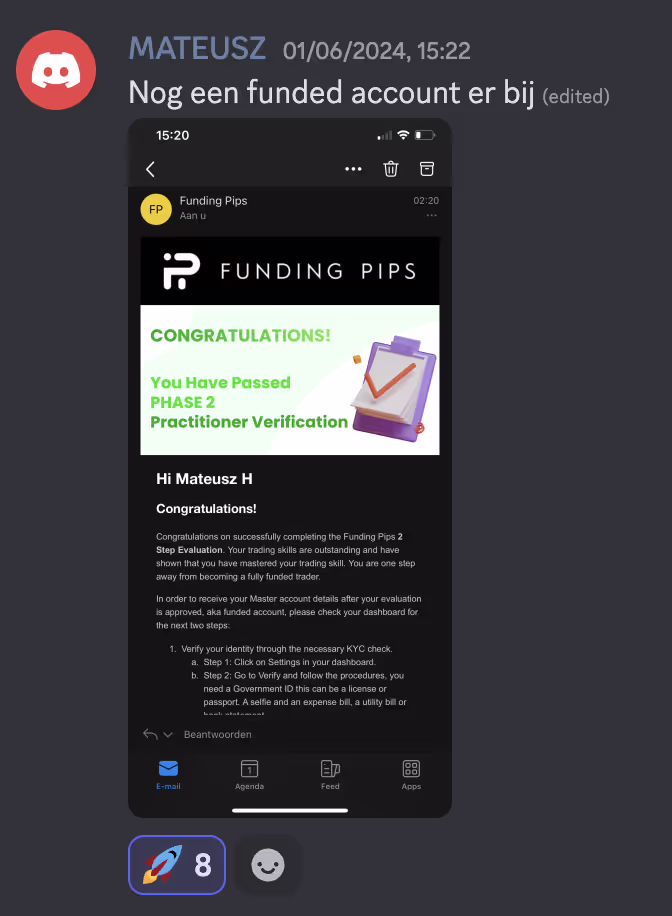 Discord message from Mateusz dated 01/06/2024 saying 'Another funded account added' with a screenshot of an email from Funding Pips congratulating Mateusz H for passing Phase 2 Practitioner Verification in their trading evaluation.