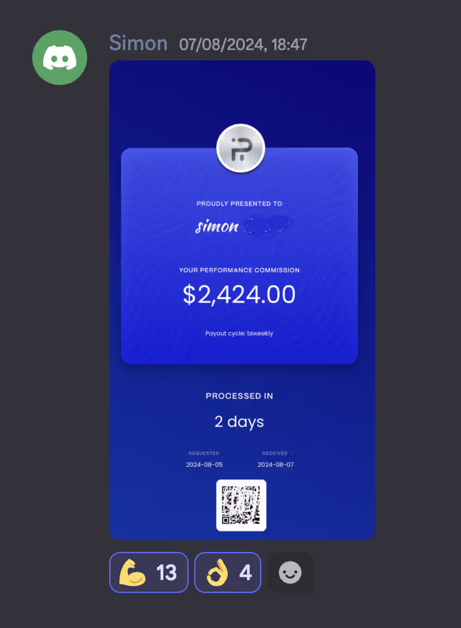 Discord message from Simon showing a performance commission payout of $2,424.00, processed in 2 days with a QR code included.