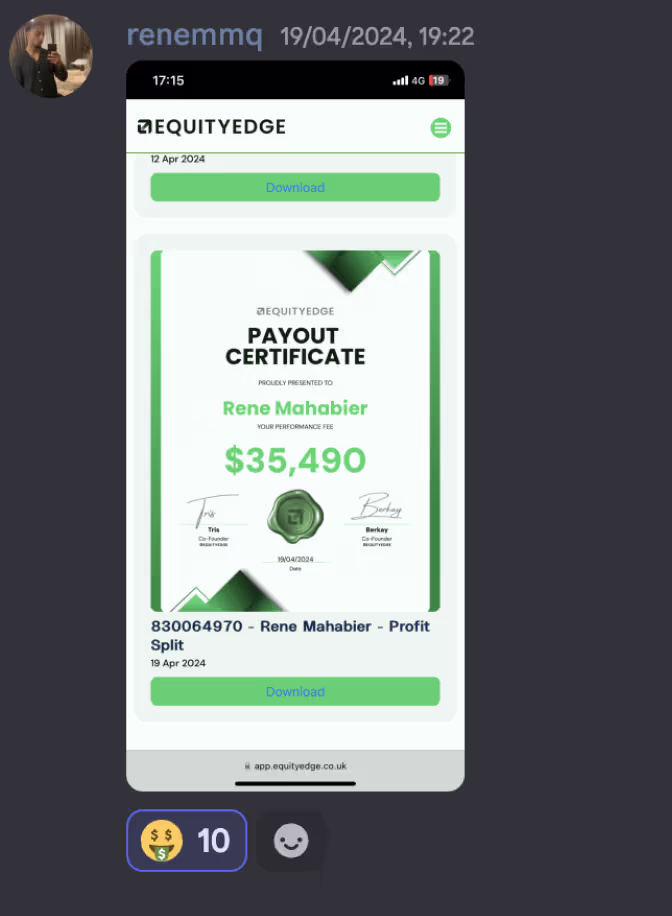 Screenshot of EquityEdge payout certificate for Rene Mahabier showing a performance fee payout of $35,490 dated 19 April 2024.