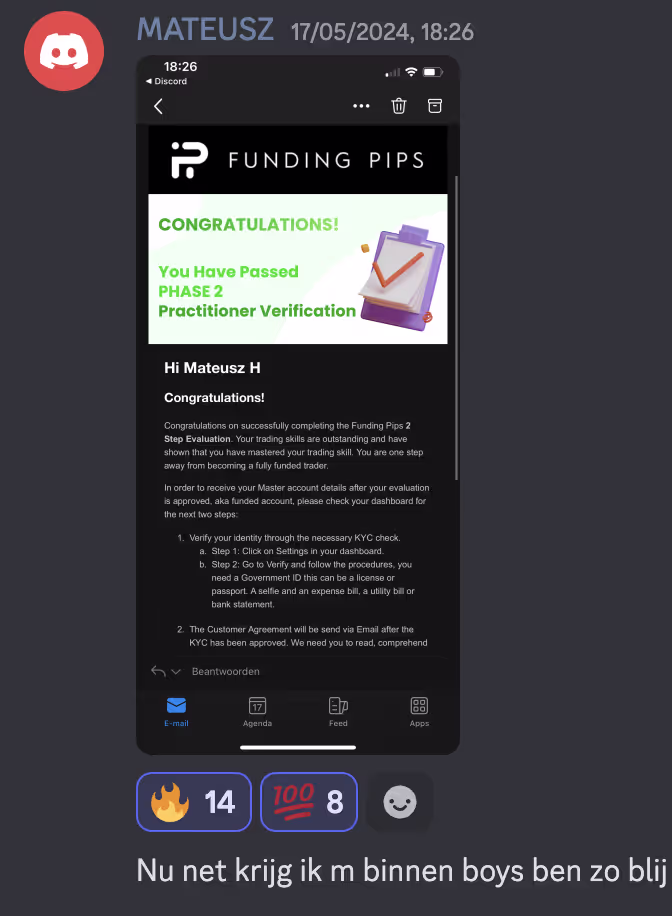 Discord message from Mateusz congratulating on passing Phase 2 Practitioner Verification for Funding Pips with instructions to complete KYC and receive Master account details.