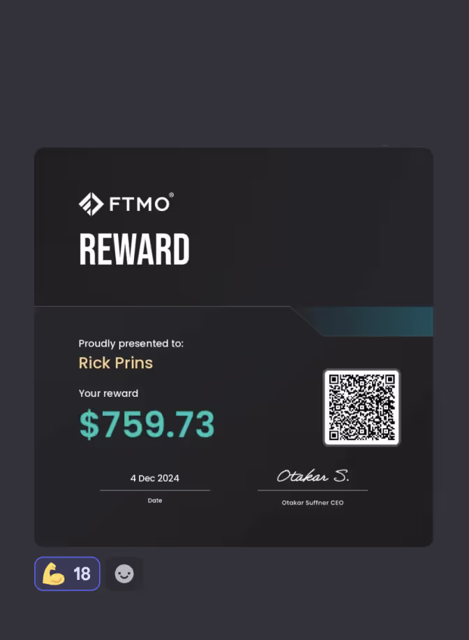 Black FTMO reward certificate presented to Rick Prins for $759.73 with date 4 Dec 2024 and CEO Otakar Suffner's signature.