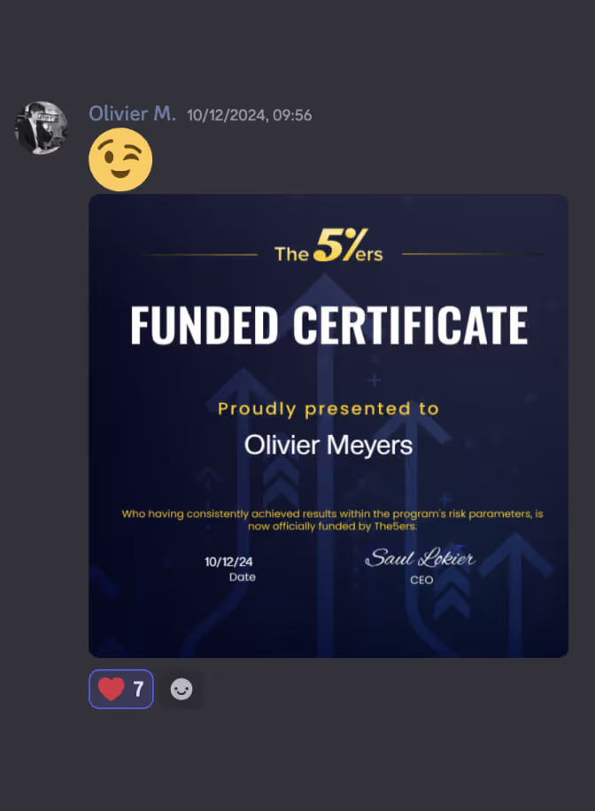 Digital certificate from The 5%ers program awarded to Olivier Meyers for consistently achieving results within risk parameters, dated 10/12/24.