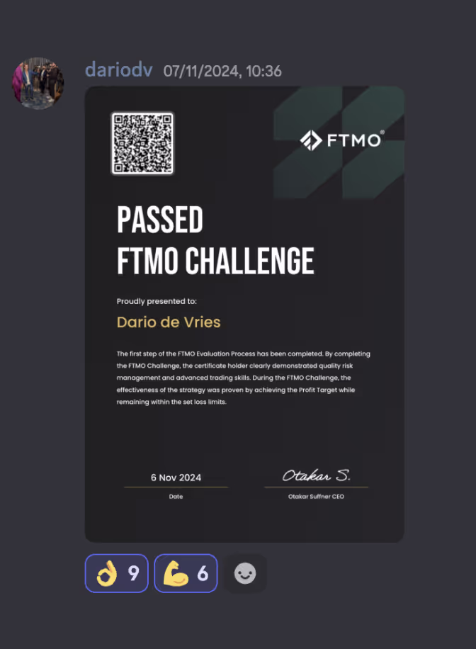 Digital certificate showing 'Passed FTMO Challenge' awarded to Dario de Vries for completing the FTMO Evaluation Process on 6 Nov 2024, signed by Otakar Suffner CEO, with reaction emojis below.
