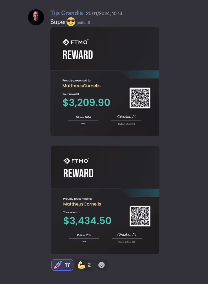 Two FTMO reward certificates awarded to Mattheus Cornelis, showing amounts $3,209.90 and $3,434.50 dated 20 Nov 2024, with CEO Otakar Sutterer’s signature and QR codes.