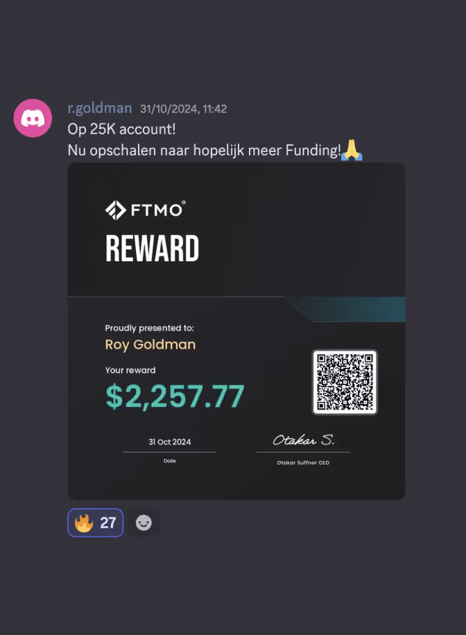 Discord message from r.goldman dated 31/10/2024 showing an FTMO reward certificate for Roy Goldman with a reward amount of $2,257.77, dated 31 Oct 2024, signed by Otakar Suffner CEO.