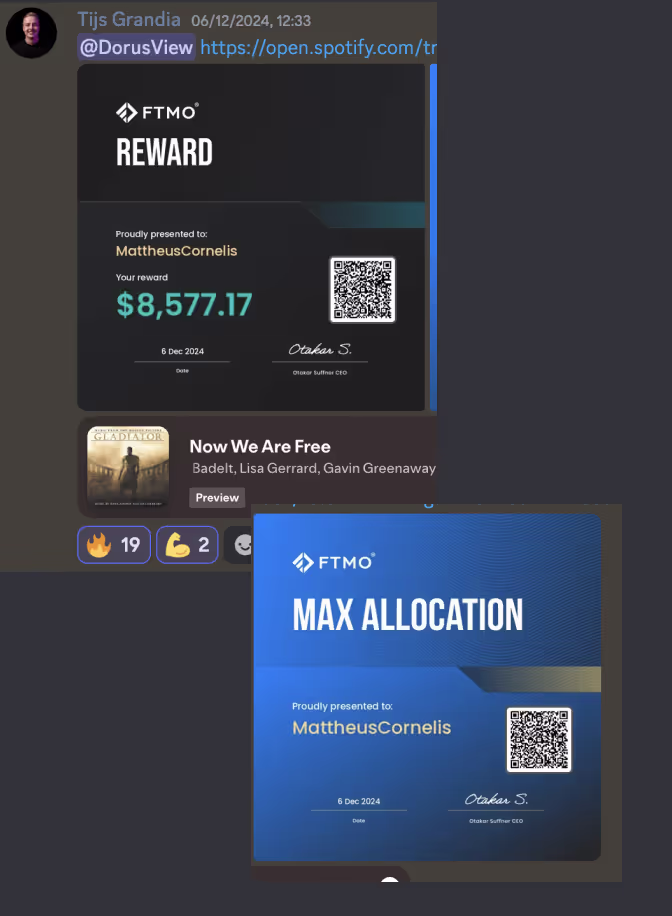 Two certificates from FTMO presented to Mattheus Cornelis dated 6 Dec 2024; one rewards $8,577.17, the other shows Max Allocation, both signed by Otakar Suffner CEO, with a QR code on each.