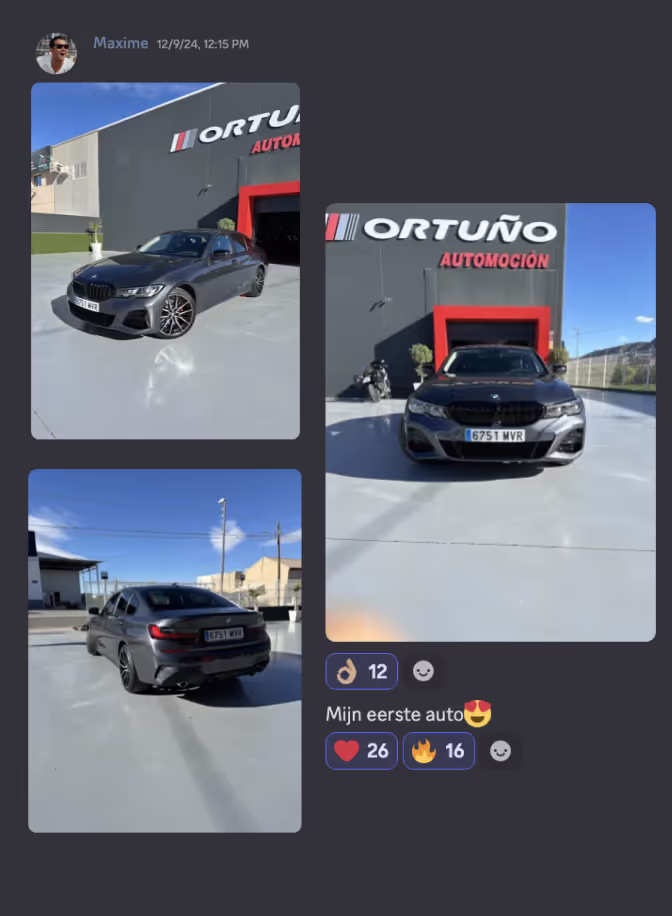 Three photos of a sleek gray BMW parked outside a building with 'Ortuño Automoción' signage under a clear blue sky.