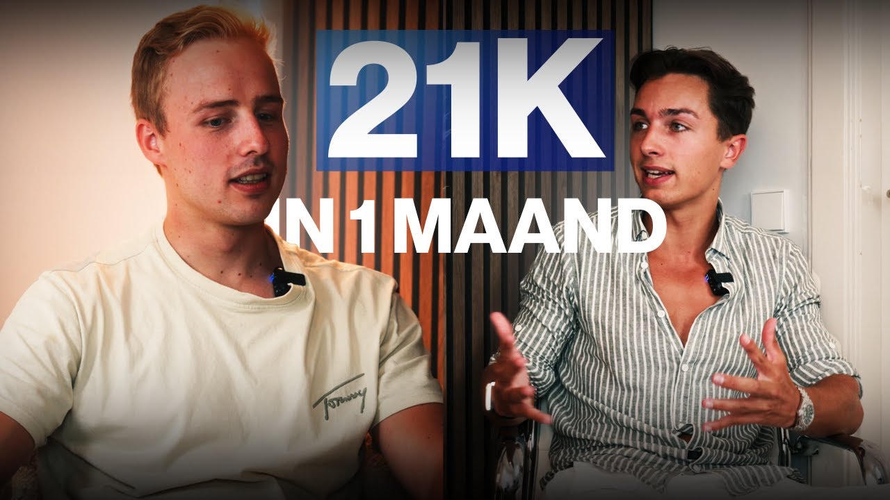 Two young men sitting and talking, with large text reading '21K IN 1 MAAND' overlaid.