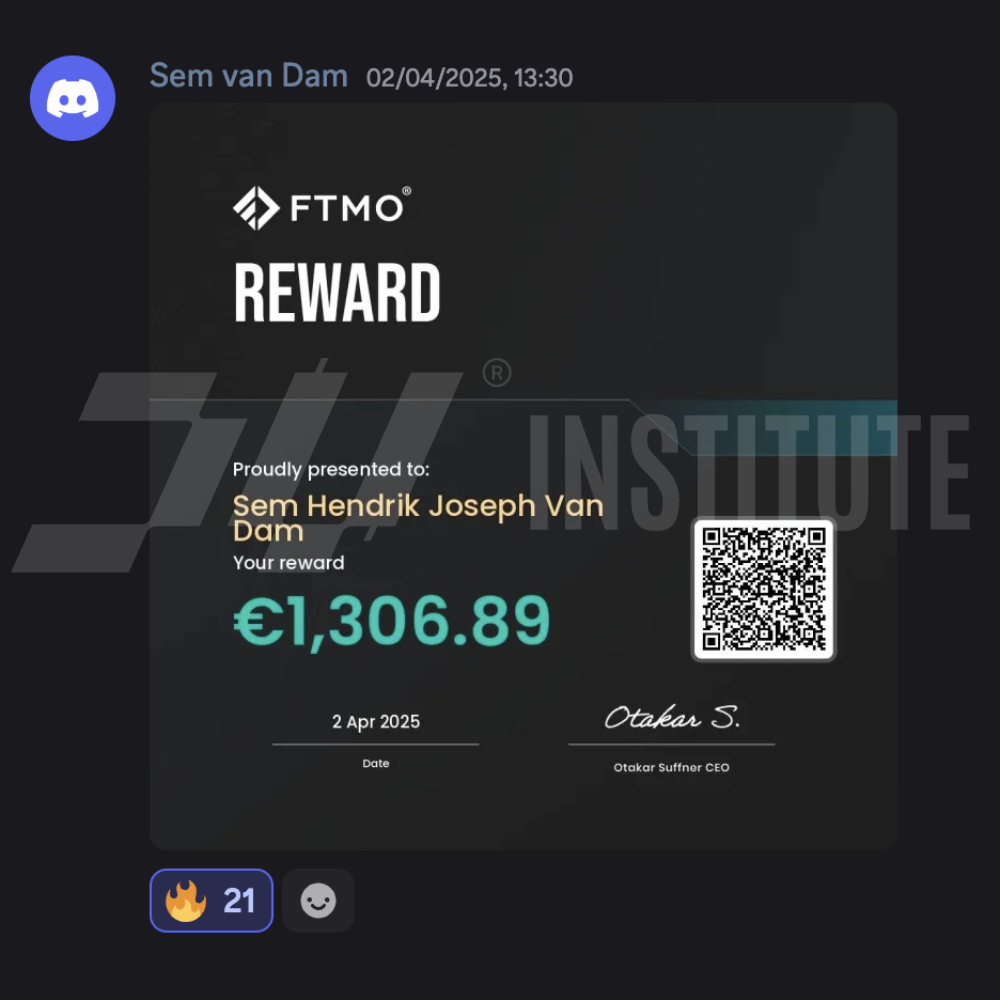 FTMO reward certificate presented to Sem Hendrik Joseph Van Dam showing reward amount €1,306.89 dated 2 Apr 2025 with CEO Otakar Suffner's signature and a QR code.
