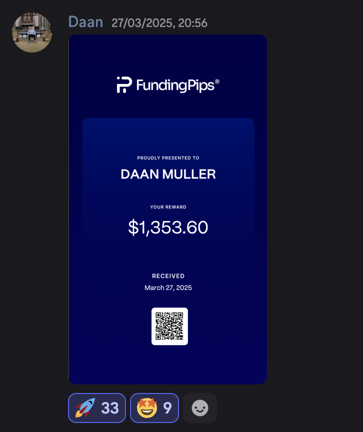 Digital certificate from FundingPips awarded to Daan Muller showing a reward of $1,353.60 received on March 27, 2025, with a QR code at the bottom.