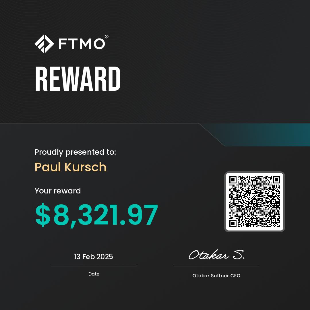 FTMO reward certificate presented to Paul Kursch with reward amount $8,321.97 dated 13 Feb 2025 and signed by CEO Otakar Suffner.