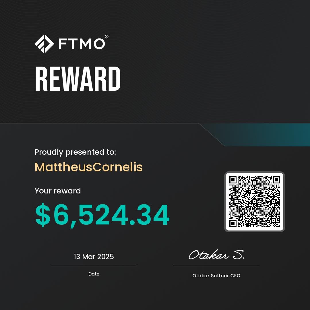 FTMO reward certificate presented to MattheusCornelis for $6,524.34 dated 13 Mar 2025, signed by CEO Otakar Suffner.