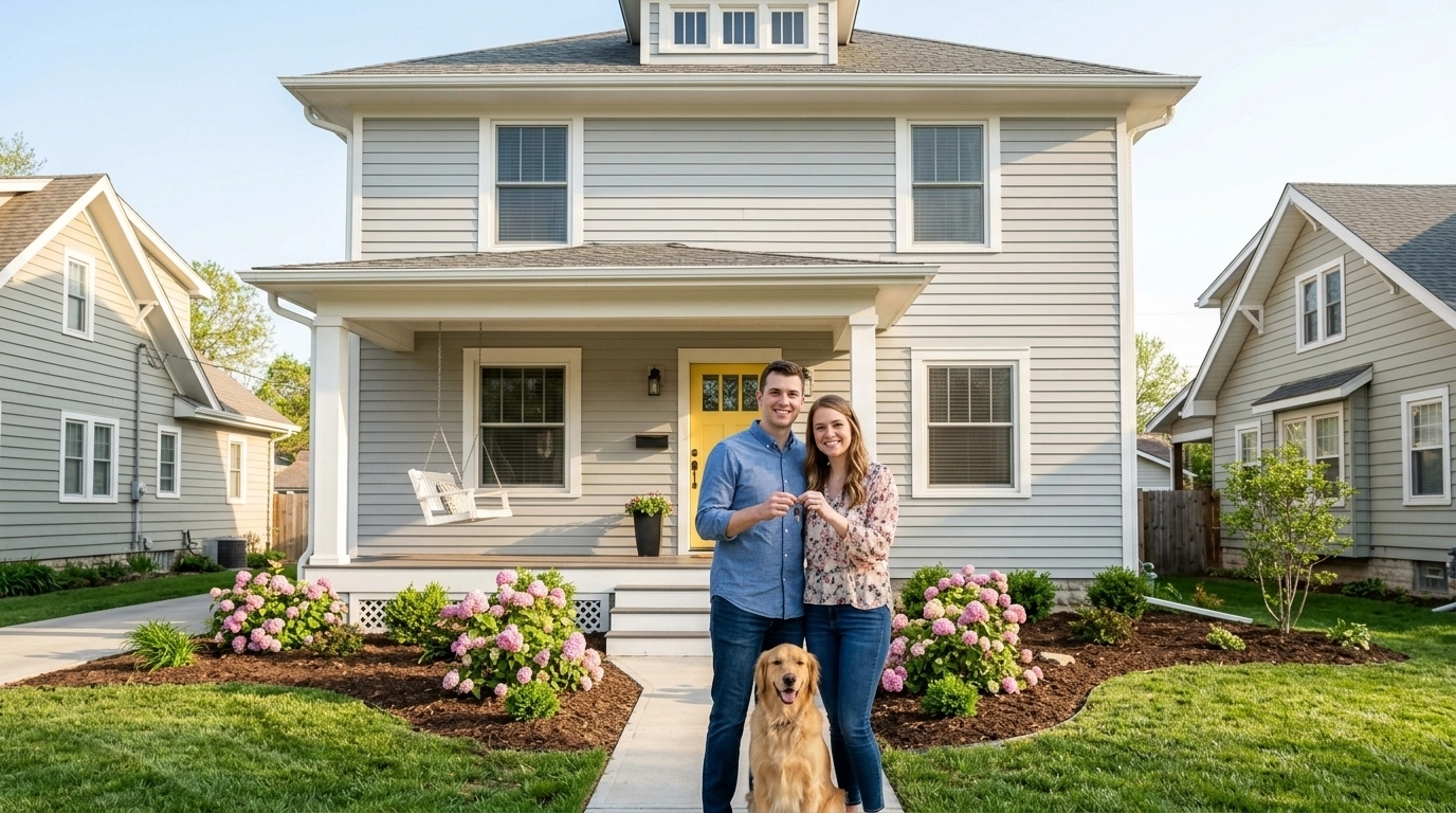 A happy couple in front of their new home in St. Joseph, Missouri
