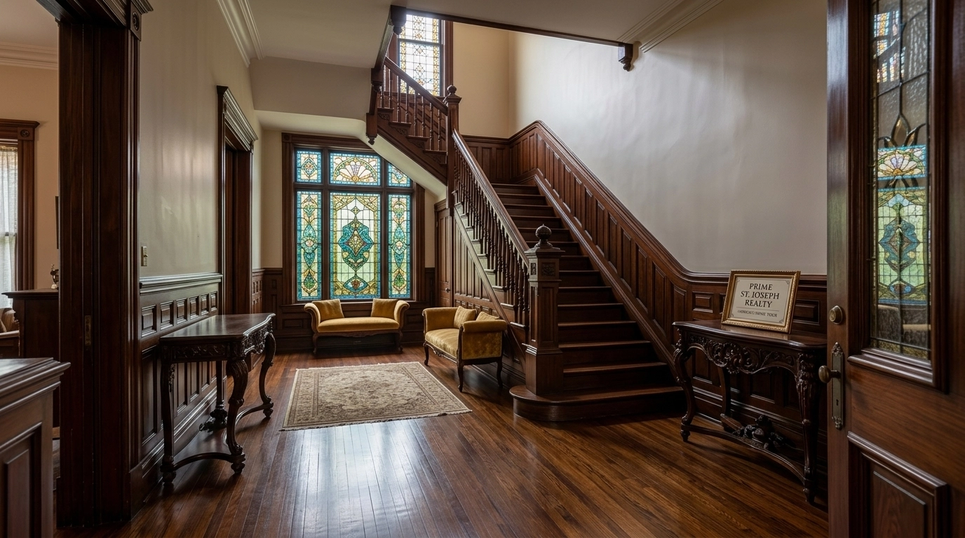 An interior shot of a restored historic home in St. Joseph, featuring a grand staircase and stained glass.