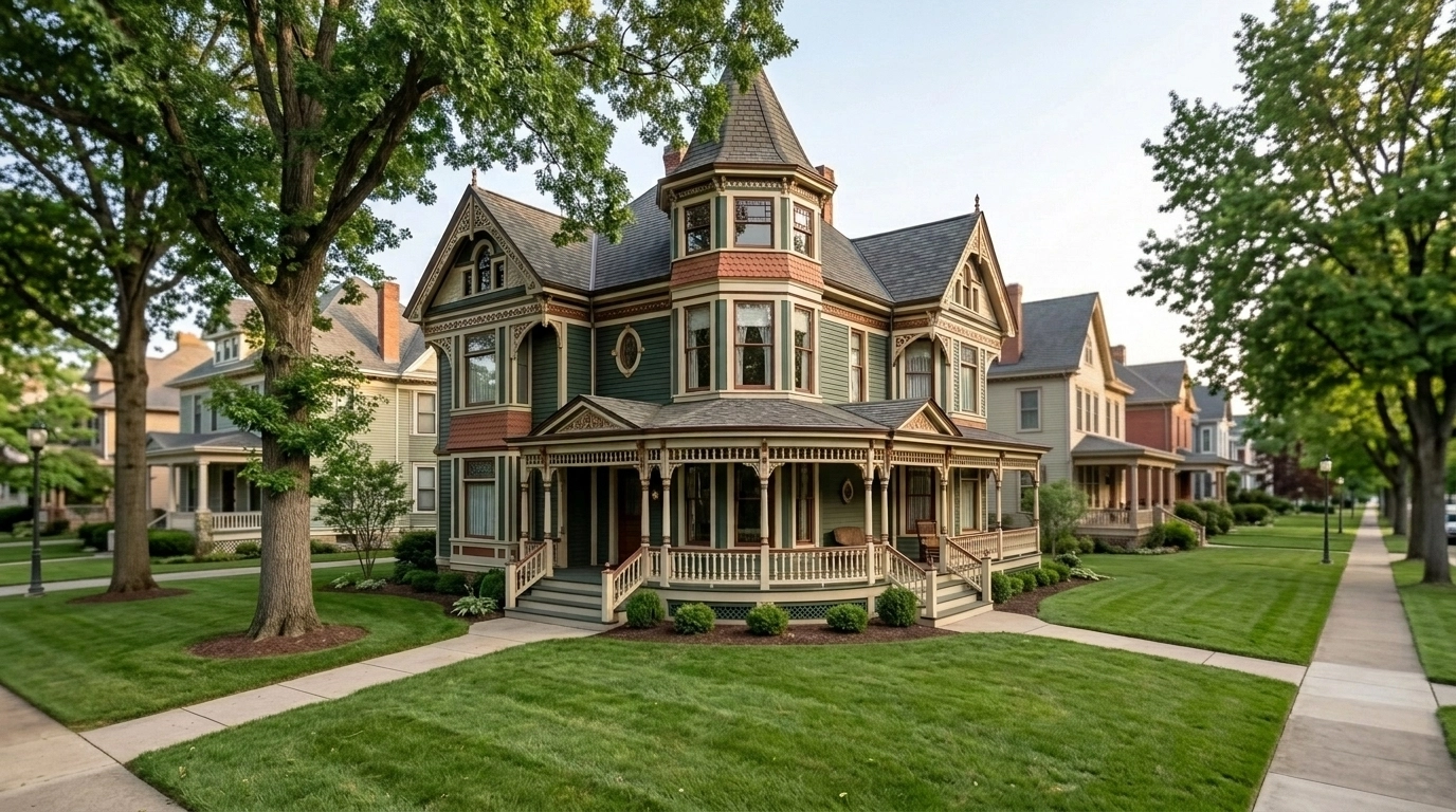 A historic residential street in St. Joseph, Missouri, showing diverse 19th-century homes and mature trees.