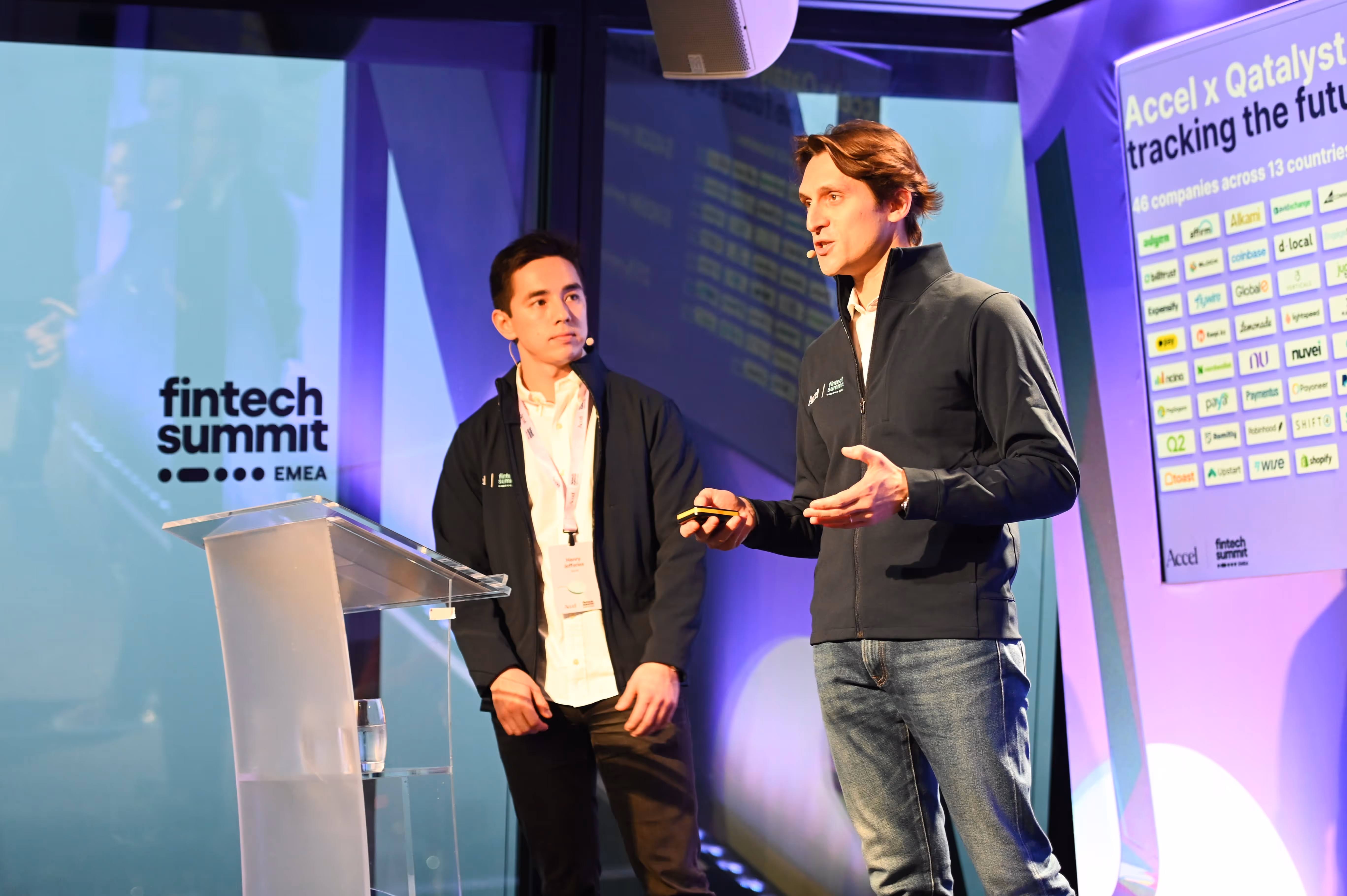 Accel investors Henry Jefferies and Luca Bocchio at the Accel Fintech Summit EMEA.