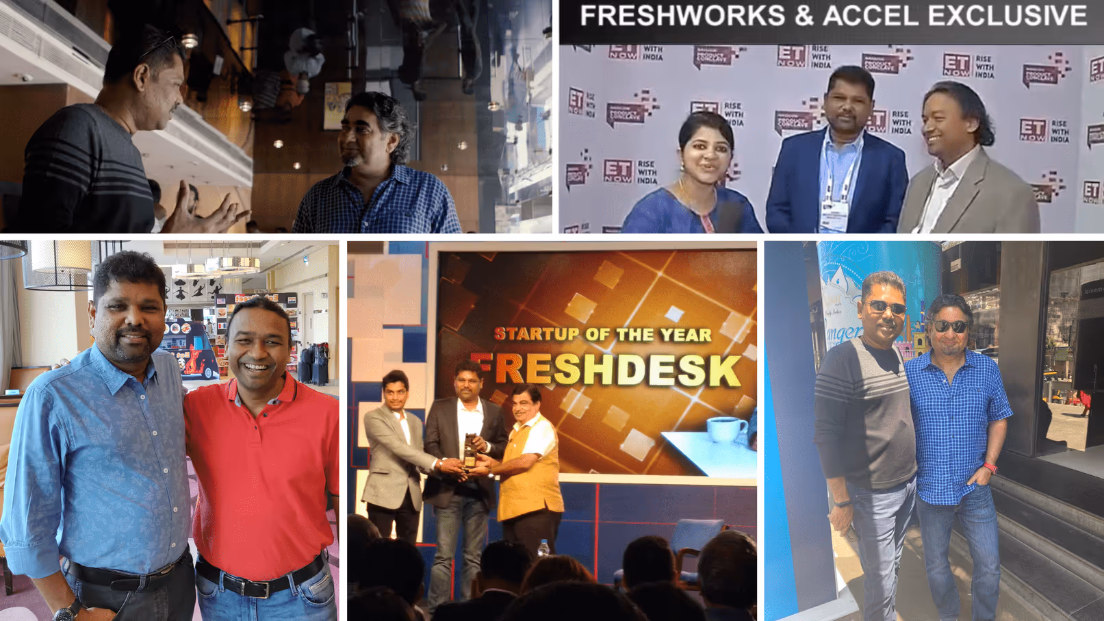 Collage of five photos from Freshworks' journey, including photos of Girish and Shan traveling, and winning Startup of the Year