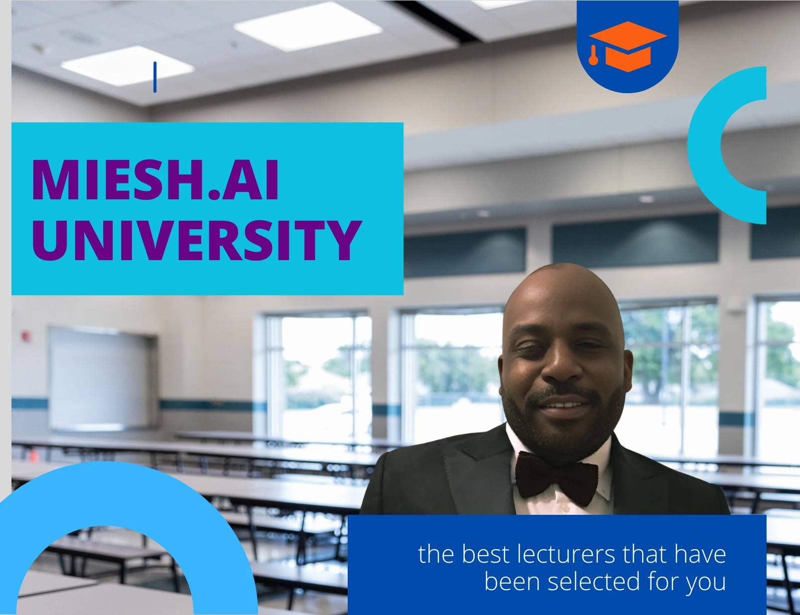 Richard Ighodaro wearing a bow tie stands in front of a sign that says Miesh AI University.