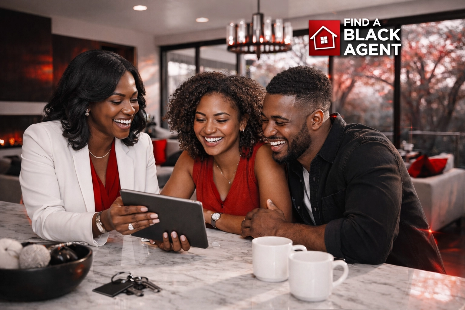 Black real estate agent in Dallas TX discussing home options with a couple in a sun-drenched modern house.