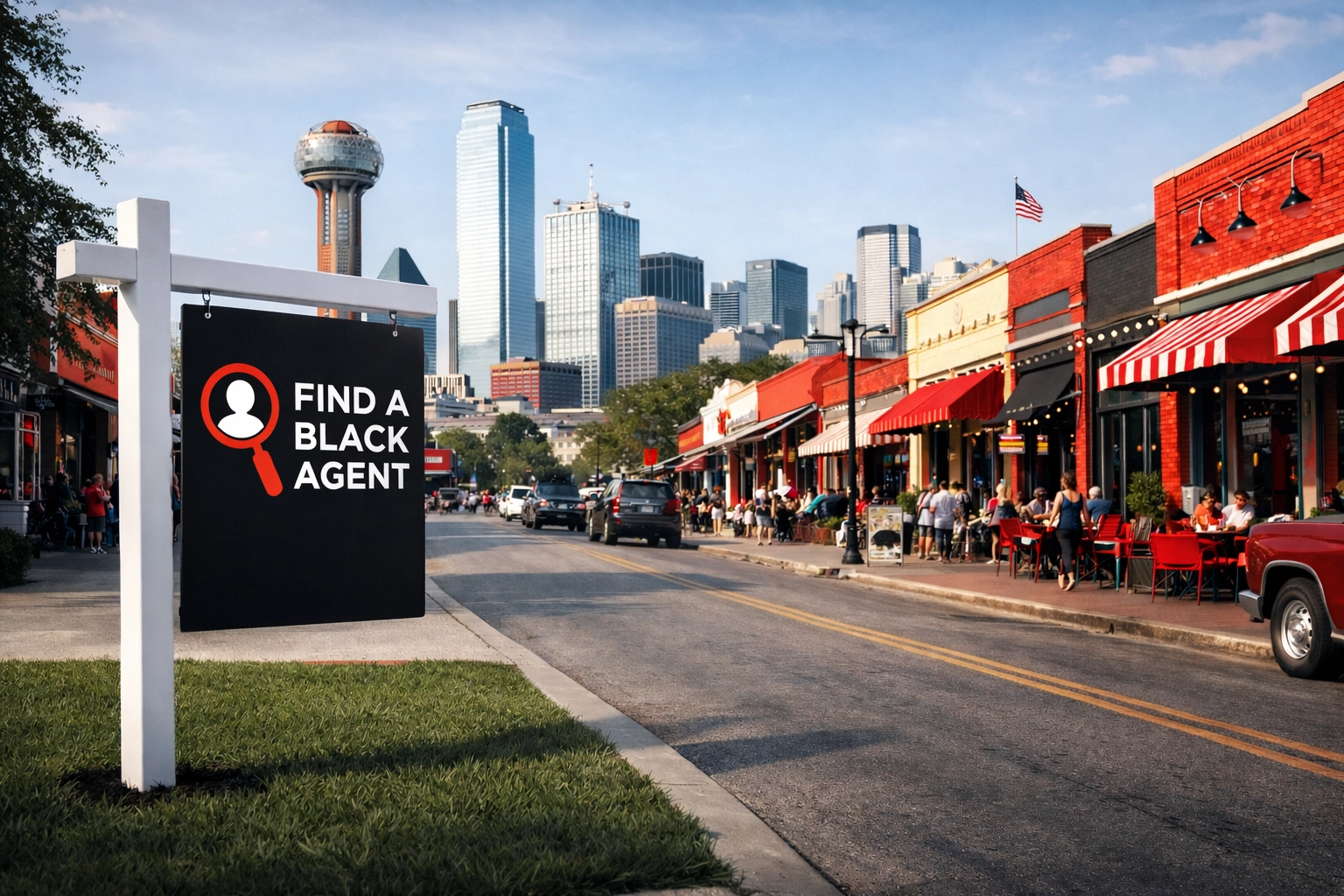 A real estate sign on a manicured lawn in a vibrant Dallas TX neighborhood near the city skyline.