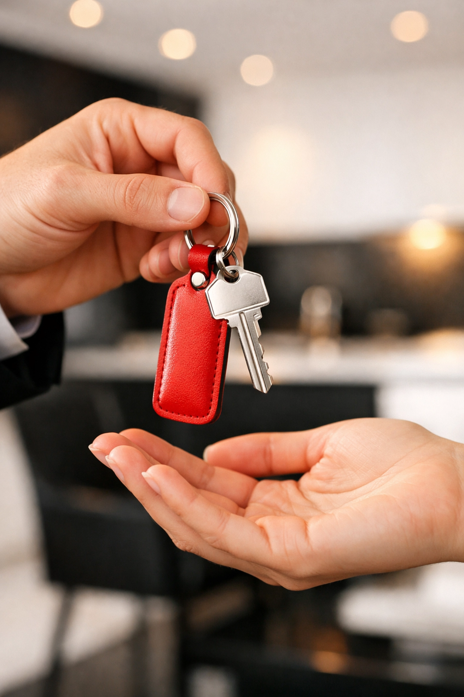 Black real estate agent handing house keys to a client in a modern Richmond home.