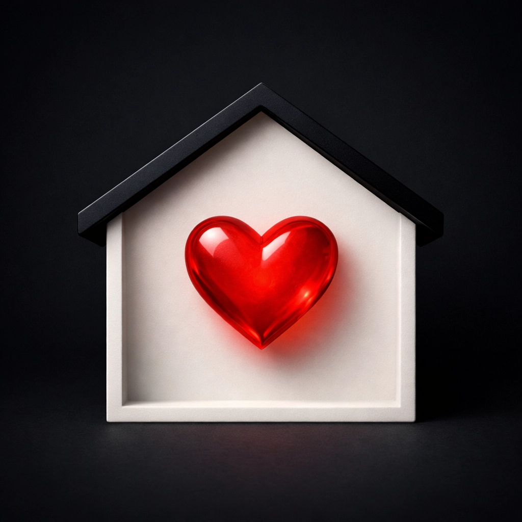 A minimalist house icon with a red heart representing the emotional and financial security of homeownership.