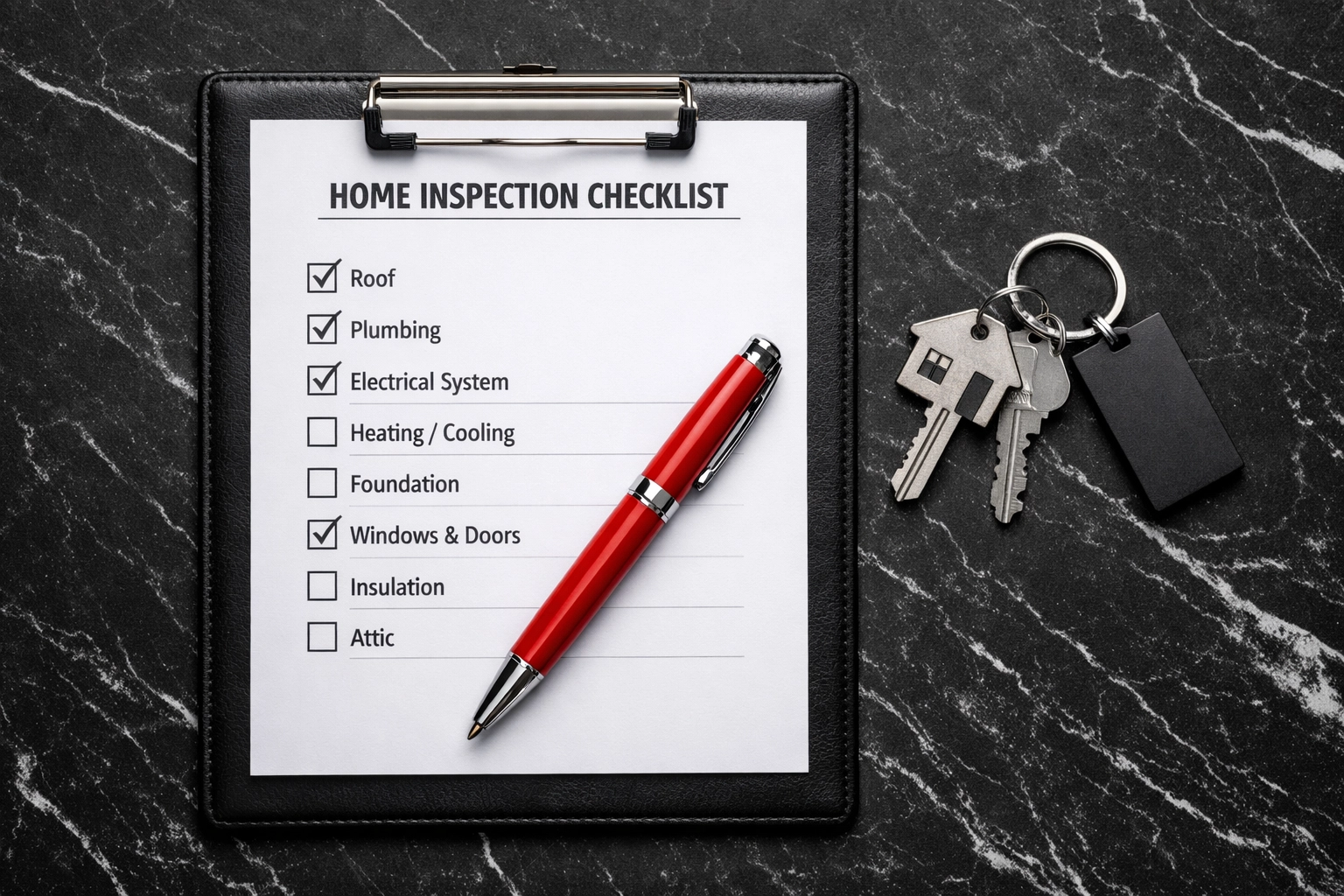 Home inspection checklist and keys on a marble counter, a vital step when you find a black realtor in Atlanta.