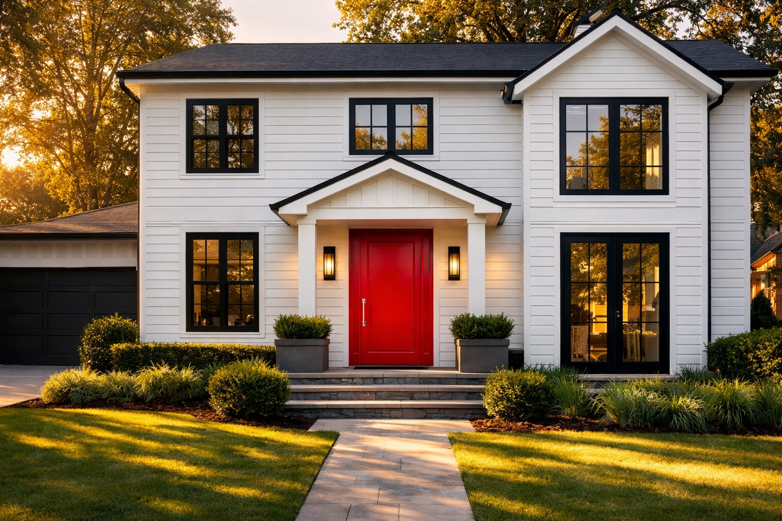 Modern white Atlanta home with a bold red door, highlighting the importance of a home inspection for homeownership.